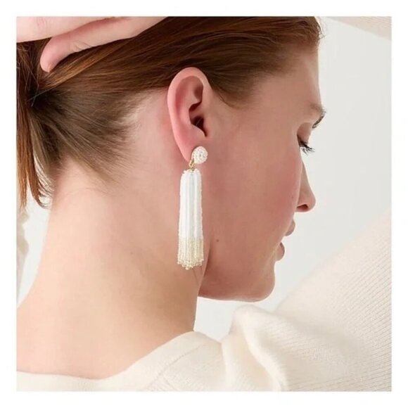 J.Crew White & Silver Beaded Tassel Statement Earrings Brand New! - Picture 4 of 5